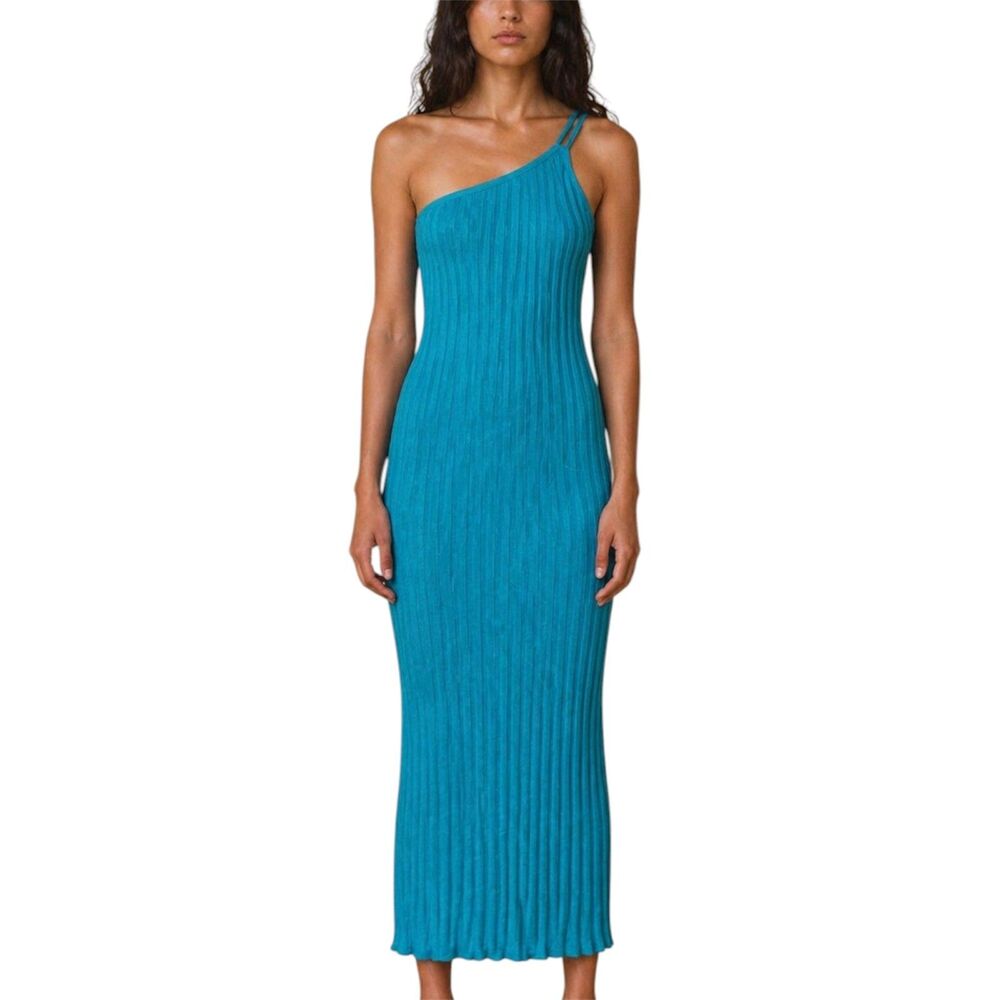 Simon Miller Oline Dress Pool Teal Ribbed One Shoulder Maxi Size S